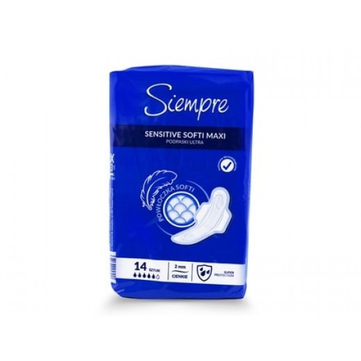 Sensitive soft Maxi pads with wings, 5 drops "Siempre", 14 pcs.